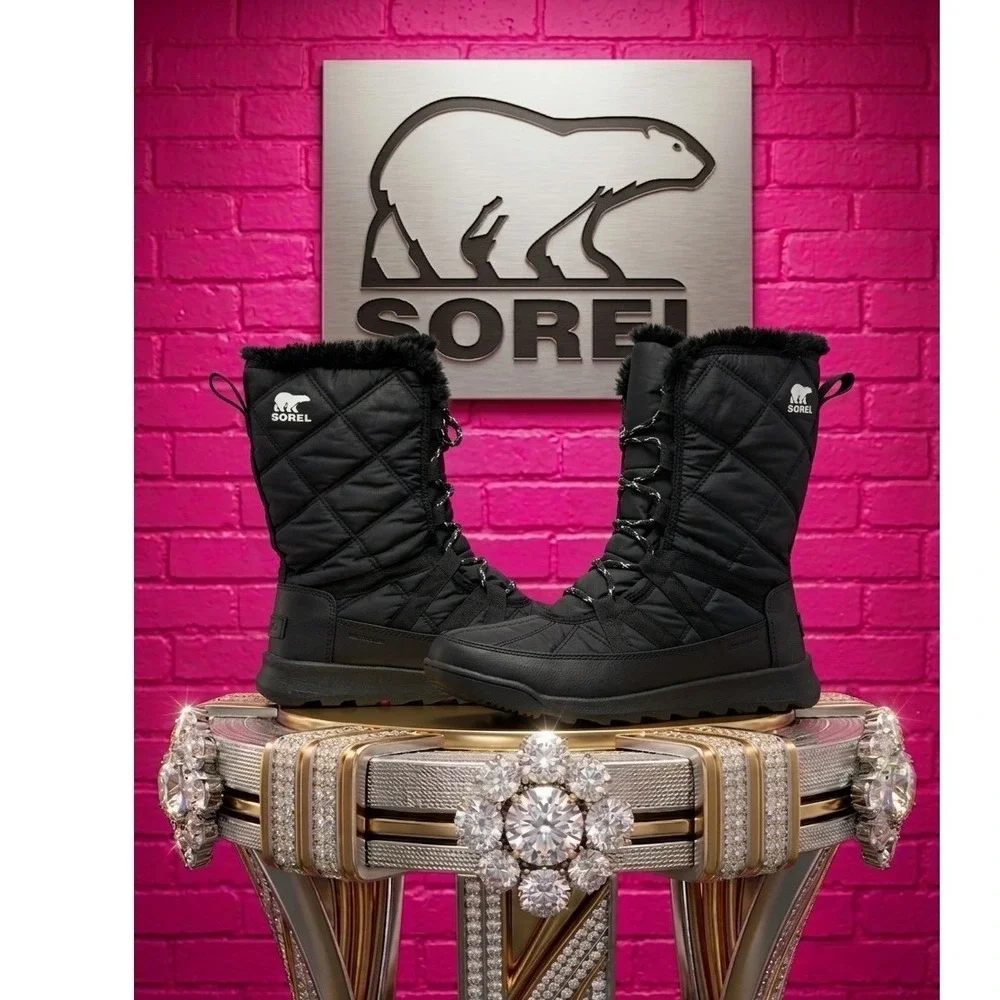 🔥Sorel Whitney🖤Tall Lace Black insulated Waterproof Winter Snow Boots‎ Fur 7.5